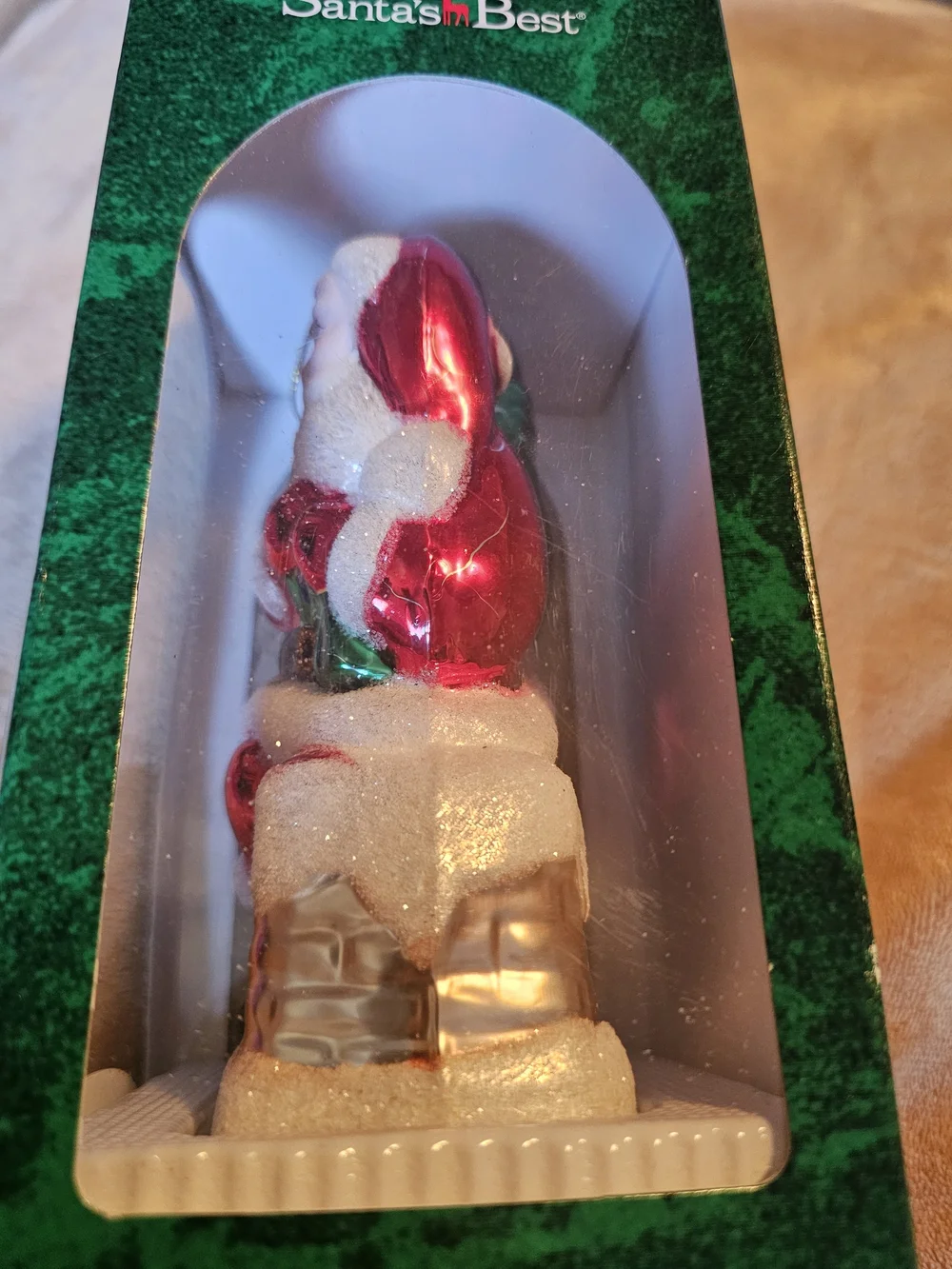 Glittering Santa Ornament in Red, Green & White - Holiday Tree Accent